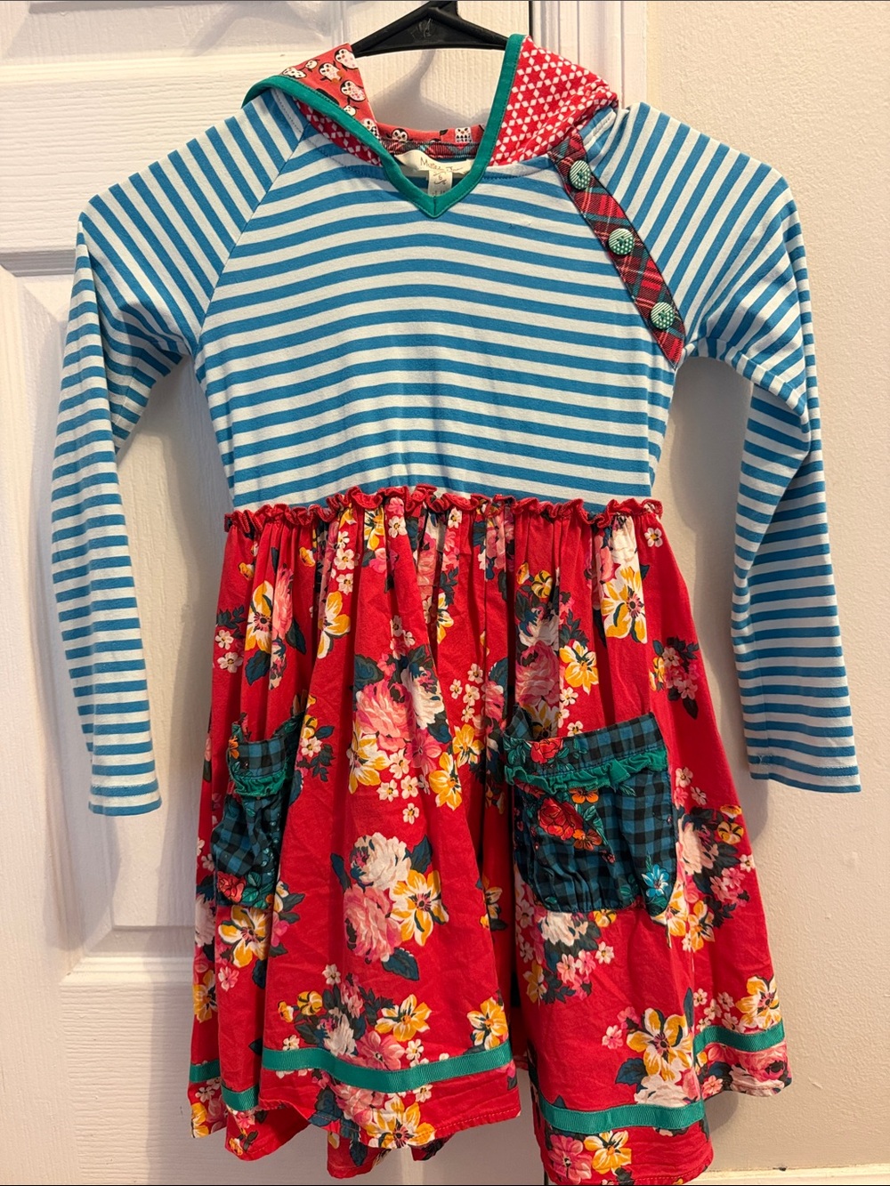 Matilda Jane Girls Blue Stripe & Red Floral Hooded Dress size 6